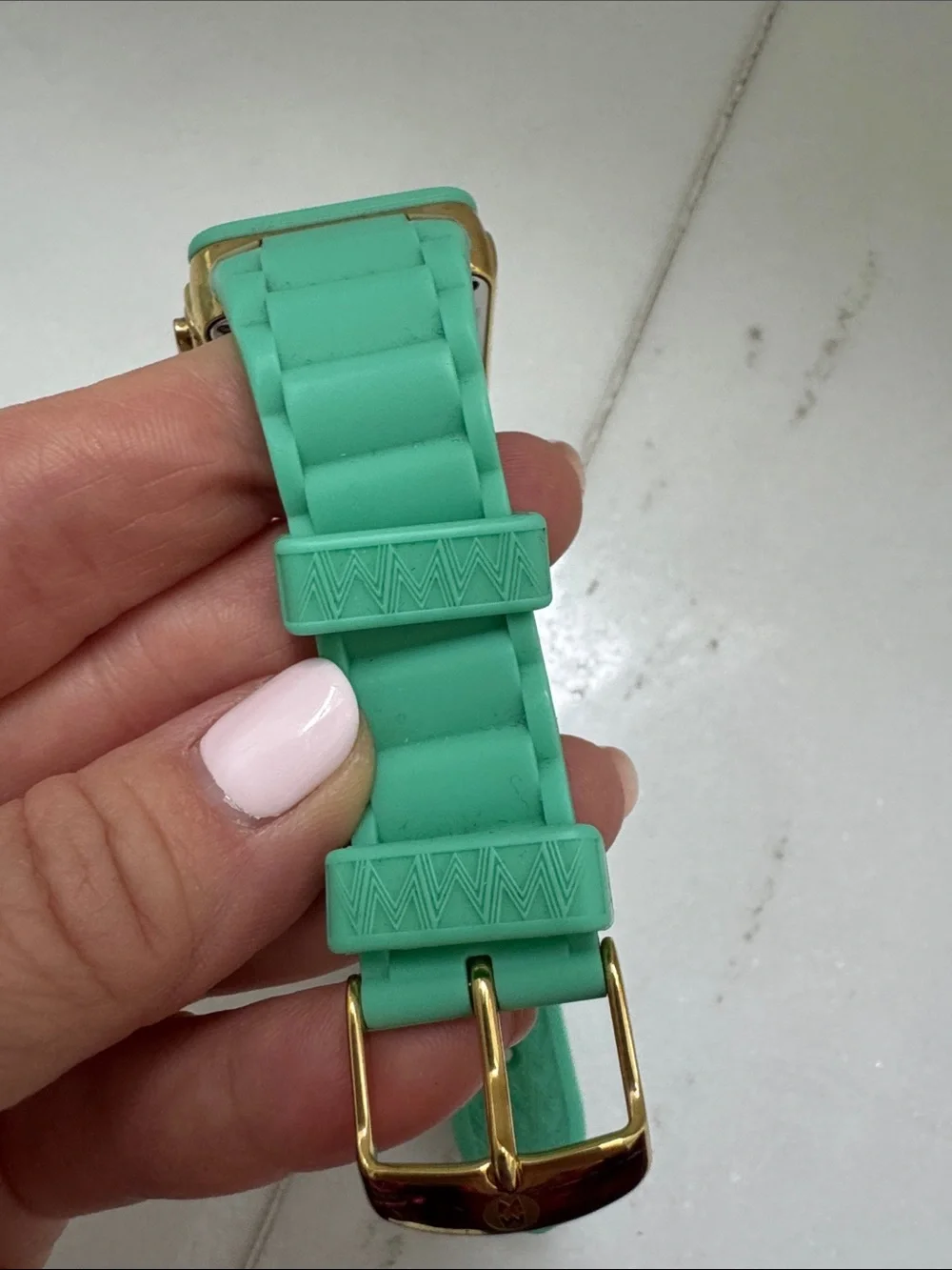 Michele Mint Green Silicone Strap Square Chronograph Watch with Gold Accents